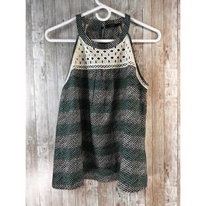 THML‎ Top Womens Small Green Beige Striped Eyelet Neckline Keyhole Sleeveless